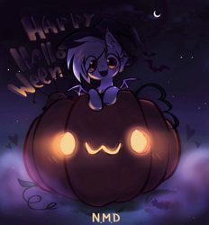 Size: 1487x1600 | Tagged: safe, artist:nevermind studio, oc, oc only, bat, bat pony, candy, clothes, costume, cute, food, halloween, halloween costume, happy, hat, holiday, jack-o-lantern, moon, night, pumpkin, solo, witch hat