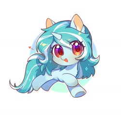 Size: 1303x1233 | Tagged: safe, artist:dreamsugar, oc, oc only, pony, unicorn, blushing, chibi, colored pinnae, commission, ear fluff, eye clipping through hair, female, floating heart, full body, heart, horn, looking at you, mare, open mouth, open smile, running, simple background, smiling, smiling at you, solo, tail, teal coat, two toned mane, two toned tail, unicorn oc, white background