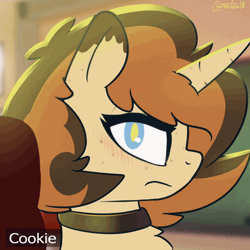 Size: 560x560 | Tagged: safe, artist:llametsul, oc, oc only, oc:creme cookie, pony, unicorn, animated, blushing, chair, colored pupils, cute, female, gif, mare, office chair, signature, solo, spinning