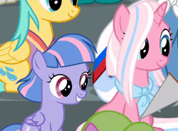 Size: 800x588 | Tagged: safe, screencap, clear sky, wind sprint, pegasus, pony, unicorn, common ground, g4, animated, duo, duo female, duo focus, female, filly, foal, freckles, gif, mare, mother and child, mother and daughter, talking