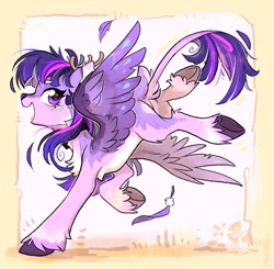 Size: 2270x2223 | Tagged: safe, artist:千雲九枭, twilight sparkle, deer, deer pony, original species, peryton, pony, g4, action pose, alternate design, antlers, cheek fluff, chest fluff, colored ear fluff, colored eyebrows, colored hooves, deer tail, deerified, deerlight sparkle, ear fluff, emanata, feather, female, frame, full body, happy, high res, landing, leonine tail, looking at you, looking back, looking back at you, mare, open mouth, open smile, pale belly, peryton twilight sparkle, slender, smiling, solo, species swap, spread wings, tail, thin, unshorn fetlocks, wings