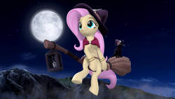 Size: 3840x2160 | Tagged: safe, artist:owlpirate, fluttershy, cat, pegasus, pony, g4, 3d, 4k, black cat, bracelet, broom, clothes, costume, female, flying, flying broomstick, full moon, halloween, halloween costume, hat, high res, jewelry, lantern, mare, moon, riding, smiling, solo, source filmmaker, witch costume, witch hat