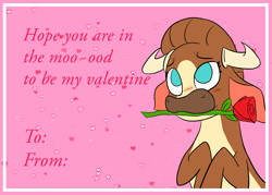 Size: 3500x2500 | Tagged: safe, artist:jsacos, madison (tfh), cow, them's fightin' herds, blushing, community related, female, flower, flower in mouth, high res, horns, mouth hold, pun, rose, rose in mouth, solo, text, valentine's day card
