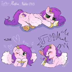 Size: 2000x2000 | Tagged: safe, artist:matcha_neko_413, pipp petals, pegasus, pony, g5, adorapipp, backwards cutie mark, cellphone, colored hooves, colored wings, cute, eye clipping through hair, eyebrows, eyebrows visible through hair, female, full body, gold hooves, grumpy, half body, happy, heart, high res, hoof heart, hooves, lying down, mare, microphone, multeity, on side, phone, pipp pipp pipp, purple background, scrunchy face, shadow, signature, simple background, singing, smartphone, solo, spread wings, streaming, violet background, wings