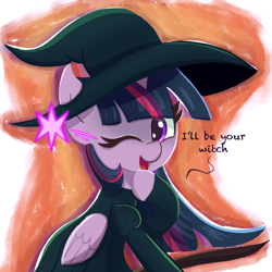 Size: 2048x2048 | Tagged: safe, artist:thebigstuff89, twilight sparkle, alicorn, pony, g4, clothes, costume, cute, female, hat, high res, one eye closed, solo, talking to viewer, twiabetes, twilight sparkle (alicorn), wink, witch, witch hat