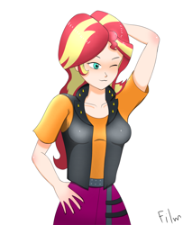 Size: 2845x3507 | Tagged: safe, artist:film77asq, sunset shimmer, human, equestria girls, g4, arm behind head, female, high res, human coloration, simple background, solo, white background