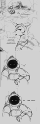 Size: 946x2920 | Tagged: safe, artist:thelunarmoon, nightmare moon, alicorn, human, pony, g4, ..., astronaut, bound, chains, comic, dialogue, female, grayscale, helmet, luna and the nauts, mare, monochrome, open mouth, regal, sitting, space helmet, spacesuit