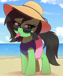 Size: 1200x1440 | Tagged: safe, artist:thebatfang, oc, oc only, oc:filly anon, earth pony, pony, beach, beach hat, clothes, earth pony oc, female, filly, foal, food, frown, hat, inner tube, looking at you, popsicle, solo, sun hat, sunglasses, swimsuit, water