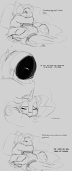Size: 1223x2879 | Tagged: safe, artist:thelunarmoon, nightmare moon, alicorn, human, pony, g4, astronaut, bound, chains, comic, crying, eyes closed, grayscale, helmet, hoof shoes, hug, lying down, monochrome, prone, space helmet