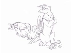 Size: 1024x757 | Tagged: safe, artist:birdoffnorth, part of a set, gilda, oc, griffon, pony, unicorn, g4, annoyed, broken, camera, crossed arms, gildere, horn, photo, raspberry, sd card, simple background, sketch, smug, tongue out, tsundere, unicorn oc, unshorn fetlocks, white background