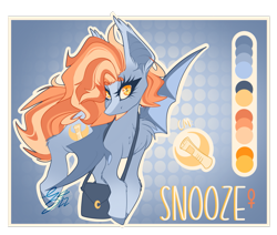 Size: 1537x1305 | Tagged: safe, artist:ezzerie, oc, oc:snooze, bat pony, bag, fluffy, newspaper girl, redesign, reference sheet, solo