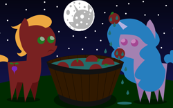 Size: 2064x1290 | Tagged: safe, artist:pwnypony db, izzy moonbow, sprout cloverleaf, earth pony, pony, unicorn, mlp fim's twelfth anniversary, g5, apple, apple bobbing, barrel, bucket, food, frown, gradient background, green eyes, horn, leaf, mare in the moon, moon, night, nightmare night, pointy legs, pointy ponies, puddle, purple eyes, red body, stars, turnip, water, water droplet