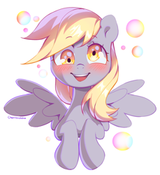 Size: 1501x1636 | Tagged: safe, artist:cherrnichka, derpy hooves, pegasus, pony, g4, blushing, bubble, cute, derpabetes, looking at you, simple background, smiling, solo, white background