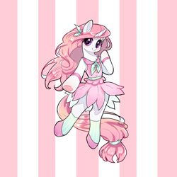 Size: 2000x2000 | Tagged: safe, artist:matcha_neko_413, oc, oc only, pony, unicorn, bracelet, clothes, colored underhoof, dress, female, floating, full body, hair accessory, high res, horn, jewelry, looking at you, mare, pink dress, pink mane, pink tail, shoes, smiling, smiling at you, socks, solo, striped background, tail, tail wrap, unicorn oc, white coat