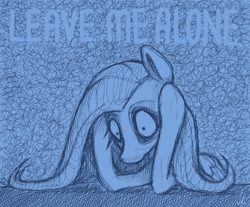 Size: 5400x4461 | Tagged: safe, artist:docwario, fluttershy, pegasus, pony, g4, anxiety, bags under eyes, bluescale, creepy, female, fluttober, holding head, mare, monochrome, solo, text