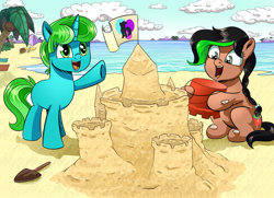 Size: 2537x1836 | Tagged: safe, artist:candyclumsy, oc, oc only, pony, beach, female, filly, foal, sandcastle