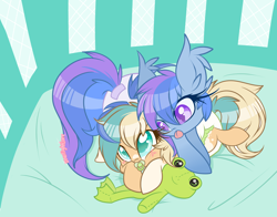 Size: 3000x2350 | Tagged: safe, artist:starlightlore, oc, oc only, oc:astral flare, oc:sun light, bat pony, frog, pony, baby, baby pony, diaper, foal, high res, pacifier, playpen, plushie