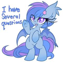 Size: 2400x2379 | Tagged: safe, artist:starlightlore, oc, oc only, oc:astral flare, bat pony, pony, bat pony oc, bipedal, cute, high res, i have several questions, jontron, ocbetes, question, question mark, simple background, solo, speech, starry eyes, talking, transparent background, underhoof, wingding eyes