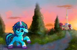 Size: 2048x1338 | Tagged: safe, artist:fladdrarblyg, artist:llamalauncher, misty brightdawn, pony, unicorn, g5, collaboration, crystal brighthouse, cute, looking at you, ocean, prisbeam, raised hoof, smiling, solo, sunset, water