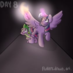 Size: 1080x1080 | Tagged: safe, artist:flutterpawss, spike, twilight sparkle, alicorn, dragon, pony, g4, duo, female, glowing, glowing horn, horn, inktober 2022, looking at something, magic, mare, raised hoof, scared, telekinesis, torch, twilight sparkle (alicorn)