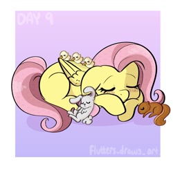 Size: 1080x1080 | Tagged: safe, artist:flutterpawss, angel bunny, fluttershy, bird, duck, pegasus, pony, rabbit, squirrel, g4, animal, blushing, chicks, cute, eyes closed, female, folded wings, gradient background, inktober 2022, lying down, mare, missing cutie mark, passepartout, prone, shyabetes, sleeping, solo, wings