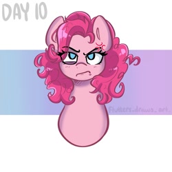 Size: 1080x1080 | Tagged: safe, artist:flutterpawss, pinkie pie, earth pony, pony, g4, abstract background, bust, cross-popping veins, emanata, female, grumpy, inktober 2022, mare, solo