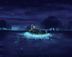 Size: 1280x1024 | Tagged: safe, artist:clouris, oc, oc only, pony, glowing, glowing eyes, lake, night, outdoors, solo, stars, tree, water