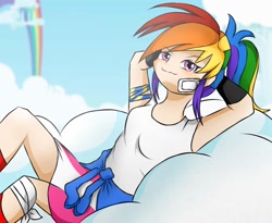 Size: 1210x991 | Tagged: safe, artist:milkshakecatowo789, rainbow dash, human, g4, clothes, cloud, female, humanized, rainbow waterfall, solo