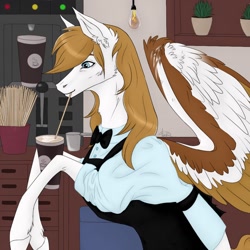 Size: 1024x1024 | Tagged: safe, artist:clouris, oc, oc only, pegasus, pony, apron, barista, bowtie, clothes, drinking, ear fluff, pegasus oc, solo, wings