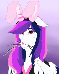 Size: 1200x1500 | Tagged: safe, artist:clouris, oc, oc only, pegasus, pony, bunny ears, bust, clothes, eyelashes, female, gradient background, mare, pegasus oc, pussy willow, solo, wings