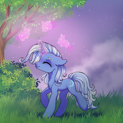 Size: 1920x1920 | Tagged: safe, artist:pinkerminty, trixie, pony, unicorn, g4, female, glowing, glowing horn, grass, horn, magic, solo, tree