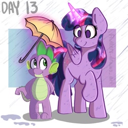 Size: 1080x1080 | Tagged: safe, artist:flutterpawss, spike, twilight sparkle, alicorn, dragon, pony, g4, cute, duo, female, glowing, glowing horn, horn, inktober 2022, magic, male, mama twilight, spikabetes, spikelove, telekinesis, twiabetes, twilight sparkle (alicorn), umbrella