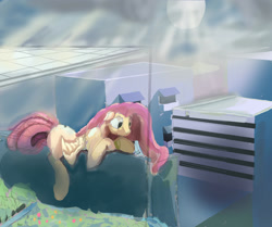 Size: 2681x2237 | Tagged: safe, artist:mrabrickwall, fluttershy, pegasus, pony, g4, building, female, high res, lying down, mare, prone, solo, wings