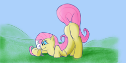 Size: 1366x685 | Tagged: safe, artist:mrabrickwall, angel bunny, fluttershy, pegasus, pony, rabbit, g4, animal, face down ass up, wingless