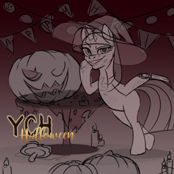 Size: 4500x4500 | Tagged: safe, artist:emperor-anri, oc, oc only, pony, unicorn, bipedal, commission, grin, halloween, hat, holiday, hoof hold, horn, jack-o-lantern, knife, pumpkin, smiling, smirk, unicorn oc, witch hat, your character here