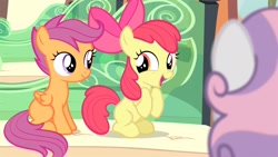Size: 1920x1080 | Tagged: safe, screencap, apple bloom, scootaloo, sweetie belle, earth pony, pegasus, pony, unicorn, for whom the sweetie belle toils, g4, season 4, 1080p, adorabloom, apple bloom's bow, blank flank, bow, cute, cutealoo, cutie mark crusaders, female, filly, foal, friendship express, hair bow, looking at each other, looking at someone, open mouth, train, trio