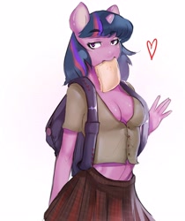 Size: 3284x3916 | Tagged: safe, artist:melkaya, twilight sparkle, unicorn, anthro, g4, absolute cleavage, bread, breasts, cleavage, clothes, female, food, high res, looking at you, mare, midriff, mouth hold, reasonably sized breasts, simple background, solo, toast, white background