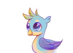 Size: 958x700 | Tagged: source needed, safe, artist:aureate serene, gallus, griffon, g4, season 8, adorable face, big eyes, childhood, colorful, cute, delighted, ear fluff, eye reflection, folded wings, gradient wings, happy, looking at someone, lovely, male, reflection, simple background, solo, teenager, white background, wings, younger