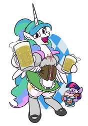 Size: 650x925 | Tagged: safe, artist:jargon scott, princess celestia, twilight sparkle, alicorn, pony, unicorn, g4, alcohol, beer, beer stein, clothes, cute, cutelestia, dirndl, dress, drink, drinking, female, filly, filly twilight sparkle, foal, food, hoof hold, kneesocks, looking at you, mare, meat, oktoberfest, open mouth, open smile, sausage, shoes, simple background, smiling, smiling at you, socks, squatpony, twiggie, unicorn twilight, white background, younger