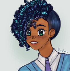 Size: 3527x3619 | Tagged: safe, artist:diameltzowo, misty brightdawn, human, g5, my little pony: a new generation, blacktober, bust, clothes, curly hair, cute, dark skin, detailed hair, female, freckles, high res, humanized, kinky hair, necktie, portrait, solo