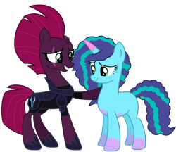 Size: 11708x10137 | Tagged: safe, artist:ejlightning007arts, misty brightdawn, tempest shadow, pony, unicorn, g4, g5, my little pony: make your mark, my little pony: make your mark chapter 2, my little pony: the movie, absurd resolution, base used, broken horn, coat markings, duo, female, horn, mare, simple background, smiling, socks (coat markings), support, transparent background