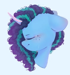 Size: 980x1037 | Tagged: safe, artist:melodylibris, misty brightdawn, pony, unicorn, g5, blue background, bust, crying, eyes closed, female, floppy ears, mare, profile, simple background, solo