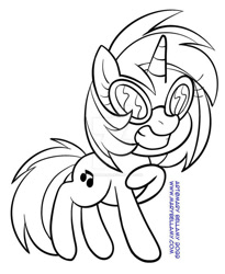 Size: 600x732 | Tagged: safe, artist:marybellamy, dj pon-3, vinyl scratch, pony, g4, chibi, lineart, monochrome, patreon, patreon reward, pose, requested art, simple background, smiling, solo, traditional art, white background