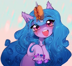 Size: 1559x1413 | Tagged: safe, artist:astralblues, izzy moonbow, pony, unicorn, g5, blushing, bracelet, ear fluff, eye clipping through hair, eyebrows, eyebrows visible through hair, female, food, friendship bracelet, hoof fluff, hot dog, izzy impaling things, jewelry, ketchup, looking at you, meat, mustard, open mouth, open smile, ponytober, raised hoof, sauce, sausage, smiling, solo