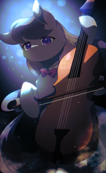 Size: 632x1024 | Tagged: safe, artist:merriie, octavia melody, earth pony, pony, g4, bow, bow (instrument), bowtie, cello, cello bow, detailed background, musical instrument, solo