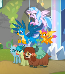 Size: 613x700 | Tagged: safe, screencap, gallus, ocellus, sandbar, silverstream, smolder, yona, changedling, changeling, classical hippogriff, dragon, earth pony, griffon, hippogriff, pony, yak, g4, uprooted, bow, cloven hooves, colored hooves, cropped, dragoness, female, hair bow, jewelry, male, monkey swings, necklace, spread wings, student six, treehouse of harmony, wings
