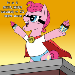 Size: 2500x2500 | Tagged: safe, artist:legendoflink, pinkie pie, earth pony, pony, g4, building, cape, chin, clothes, costume, cupcake, cute, diapinkes, female, food, gradient background, high res, mare, mask, panties, solo, superhero, superhero costume, underwear