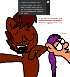 Size: 1275x1414 | Tagged: safe, artist:professorventurer, sunny starscout, oc, oc:enrique, earth pony, pony, unicorn, series:ask pippamena, g5, facial hair, horn, implied lesbian, implied petalscout, implied shipping, interrupted, moustache, unicorn oc