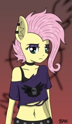 Size: 1244x2134 | Tagged: safe, artist:banquo0, fluttershy, pegasus, anthro, g4, belly button, belt, clothes, ear piercing, earring, female, flutterpunk, jewelry, midriff, piercing, solo, unamused