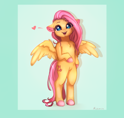 Size: 3333x3168 | Tagged: safe, artist:miokomata, fluttershy, pegasus, pony, semi-anthro, g4, arm hooves, bipedal, chest fluff, colored hooves, cute, eye clipping through hair, female, floating heart, freckles, freckleshy, heart, high res, looking at you, mare, open mouth, open smile, shyabetes, smiling, smiling at you, solo, spread wings, wings